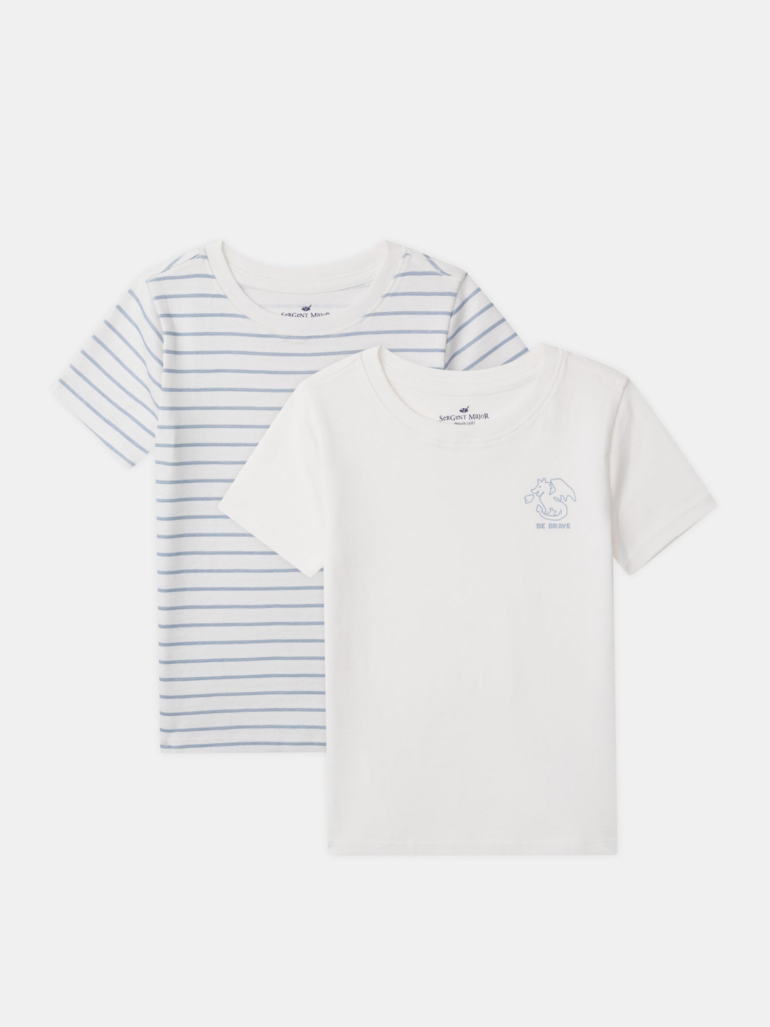 Lote de 2 t-shirts ecru com impressão de dragão ou listras azuis para menino