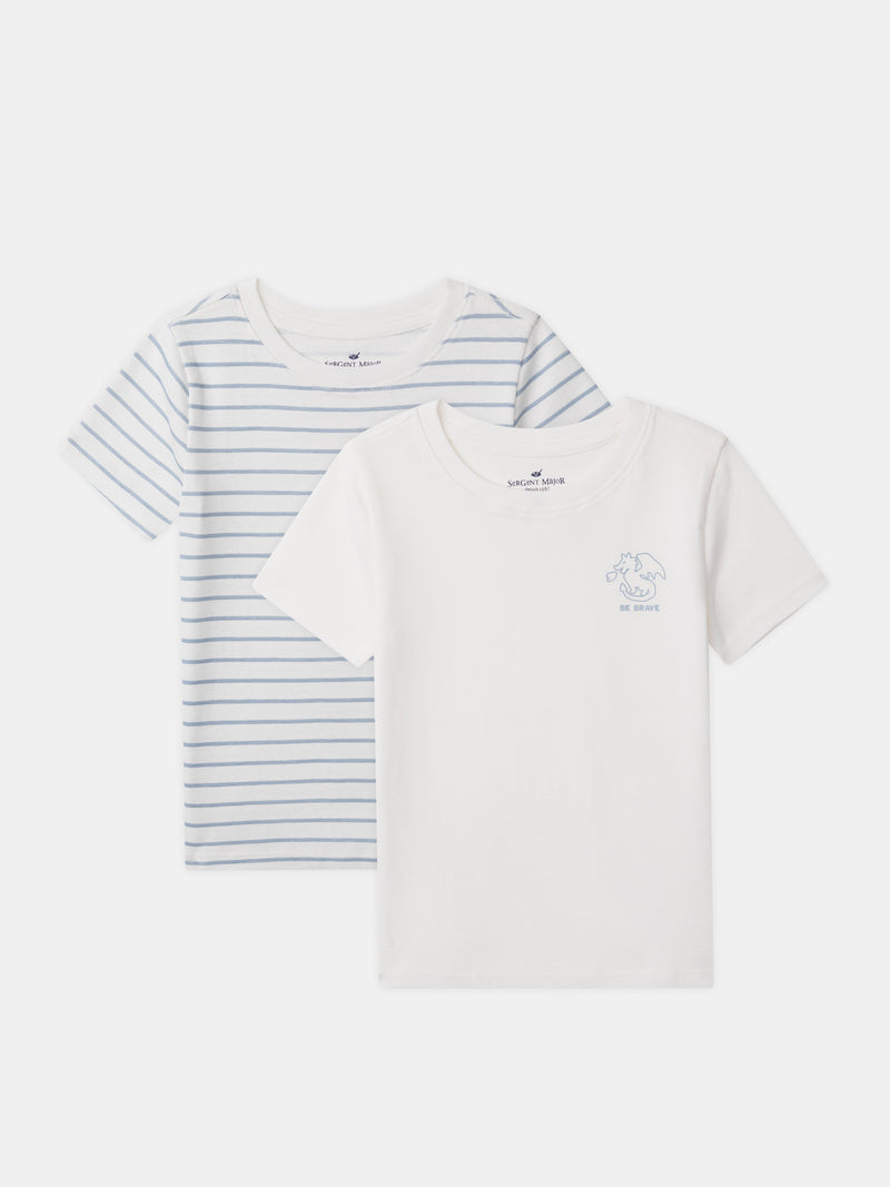Lote de 2 t-shirts ecru com impressão de dragão ou listras azuis para menino