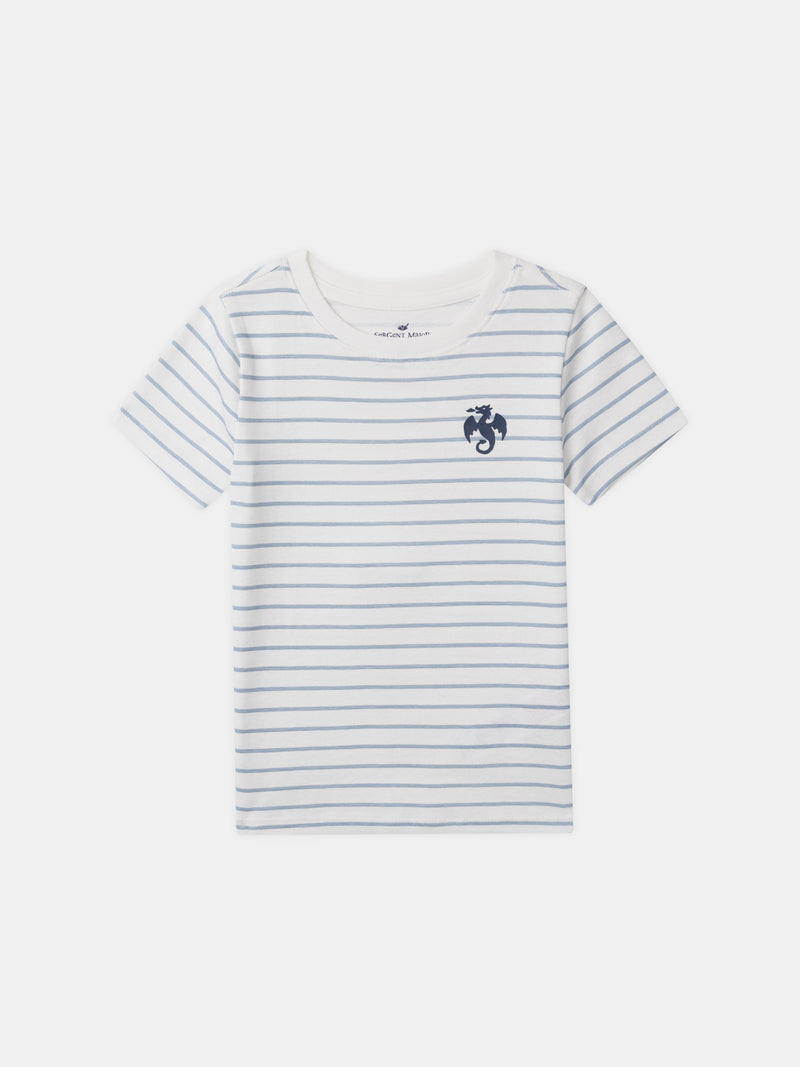 Lote de 2 t-shirts ecru com impressão de dragão ou listras azuis para menino