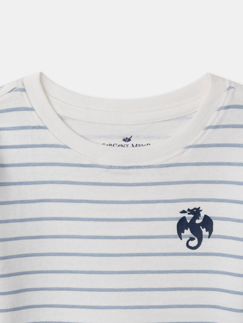 Lote de 2 t-shirts ecru com impressão de dragão ou listras azuis para menino
