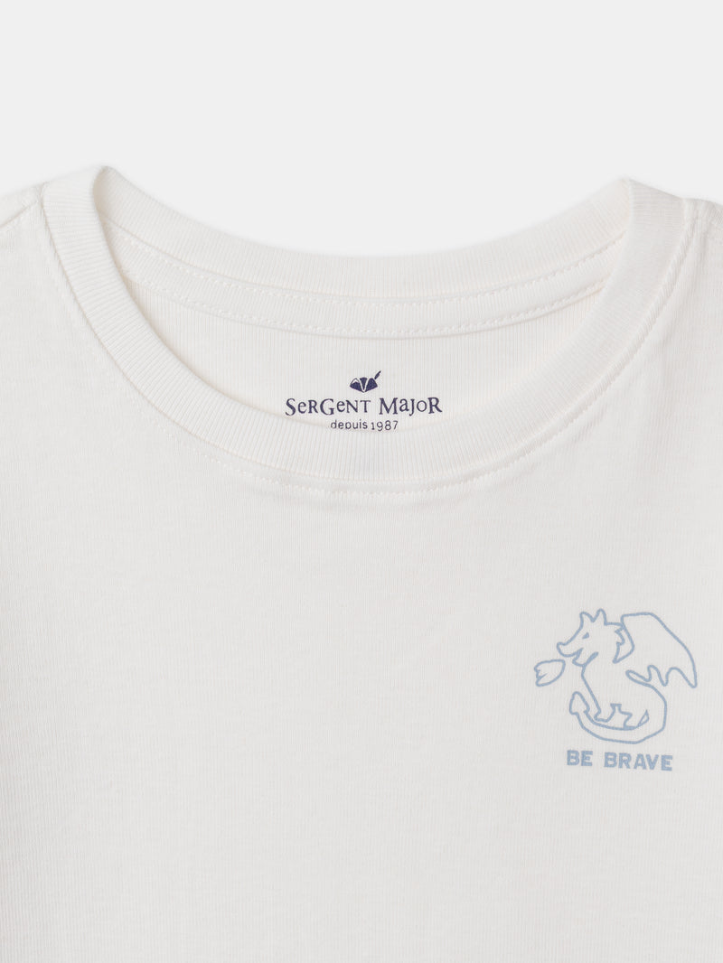 Lote de 2 t-shirts ecru com impressão de dragão ou listras azuis para menino