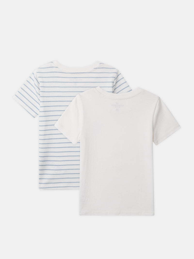 Lote de 2 t-shirts ecru com impressão de dragão ou listras azuis para menino