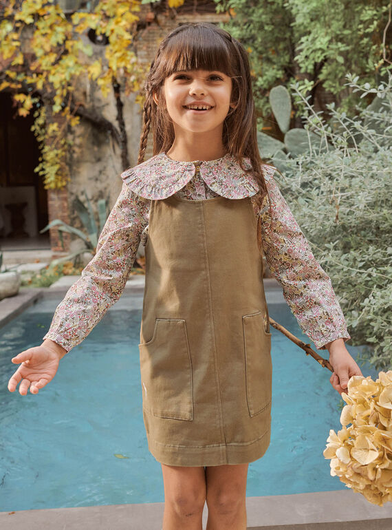 Vestido-jardineiras verde-caqui twill com padrão florido menina CECHAETTE / 22E2PFB1CHS604