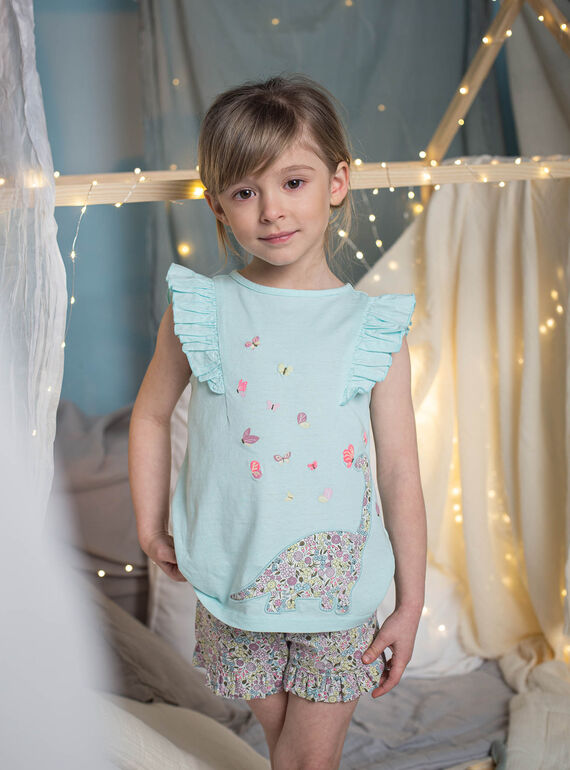 Pijama azul-turquesa com padrão de dinossauro e flores menina CHOUFIETTE / 22E5PF51PYJ203