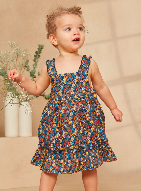 Vestido azul-marinho com estampado flores e peixes multicores em popelina KAZAZIE / 24E1BFS2ROB718
