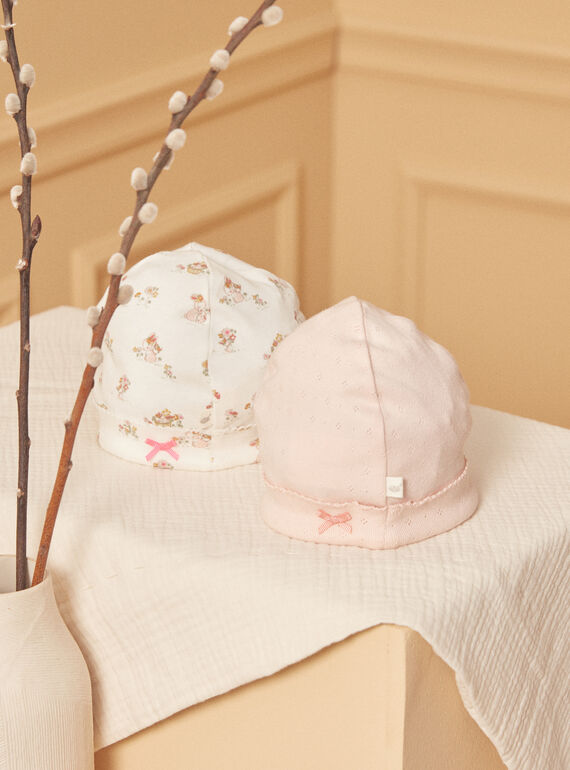 2 gorros de recém-nascido cru e rosa em algodão LOREEN / 24H0AF11BNA001