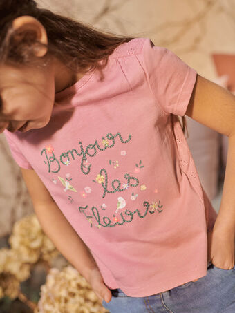 T-shirt rosa bordada com inscrição florida fantasia menina CETIETTE / 22E2PFB1TMC305