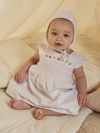 Vestido branco, bloomer e gorro bordados recém-nascido menina CORRINE / 22E0CFI2ENS000