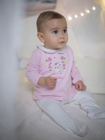 Babygro rosa-algodão-doce e cru com padrões gatinho e flores bebé menina CEGAELLE / 22E5BF52GRED315