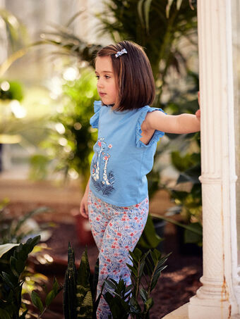 T-shirt azul-lavanda com padrão de girafas decorativo e folhos menina CYAGIRETTE / 22E2PFK1TMCC208