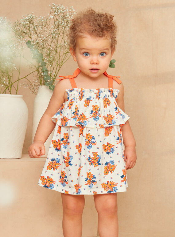 Vestido com folhos cru com estampado de flor azul e laranja em jersey KAZILDA / 24E1BFS1ROB001