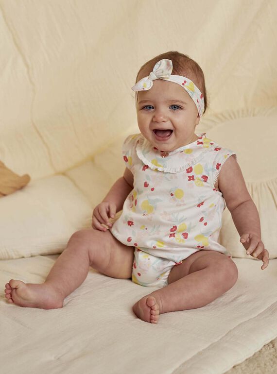 Babygro em cetim de algodão branco e fita com estampado de fruto e flor recém-nascido menina CONSUELA / 22E0CFI3ENS000