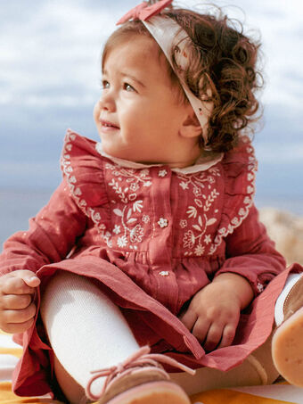 Vestido rosa vintage bordado com folhos bebé menina CABILLY / 22E1BF71ROBD332