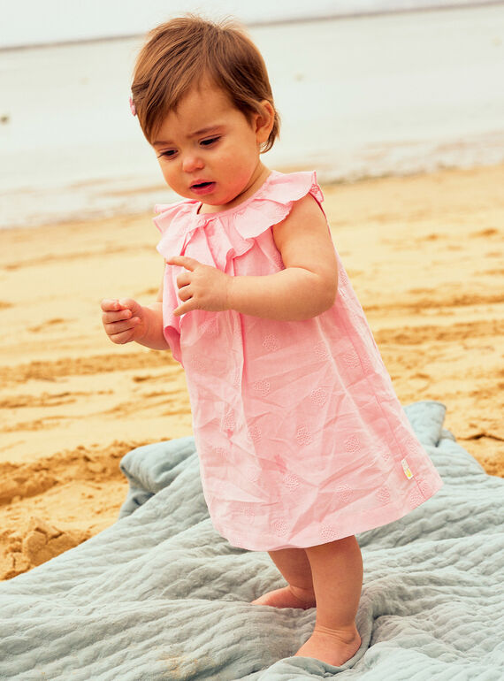 Vestido em popelina rosa com bordados de conchas e bloomer bebé menina CASOLEIL / 22E1BFN1ROBD315