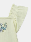 Camiseta Canelada com Furos e Estampa Floral e Pássaros Amarelo-Pálido e Azul KAUGENIE / 24E1BFR1TEE103