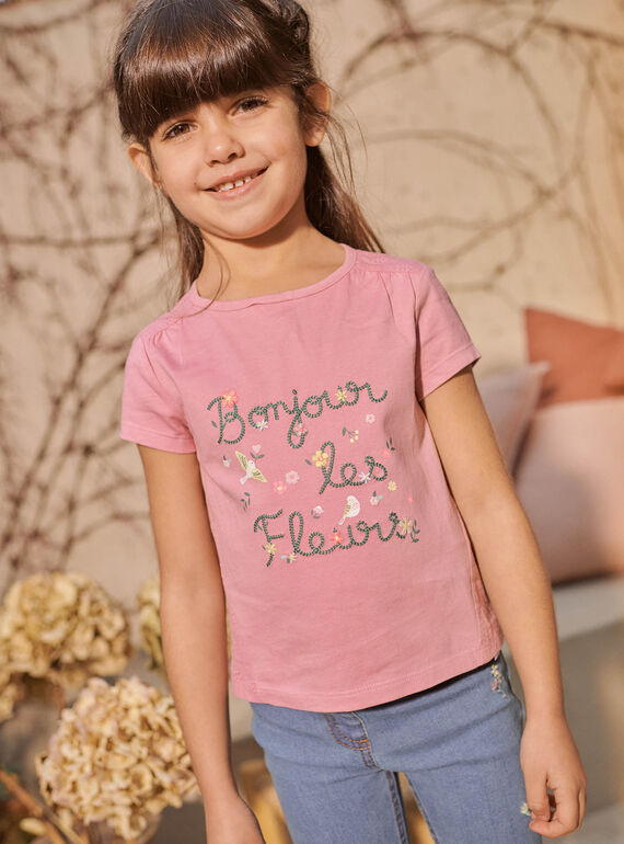 T-shirt rosa bordada com inscrição florida fantasia menina CETIETTE / 22E2PFB1TMC305
