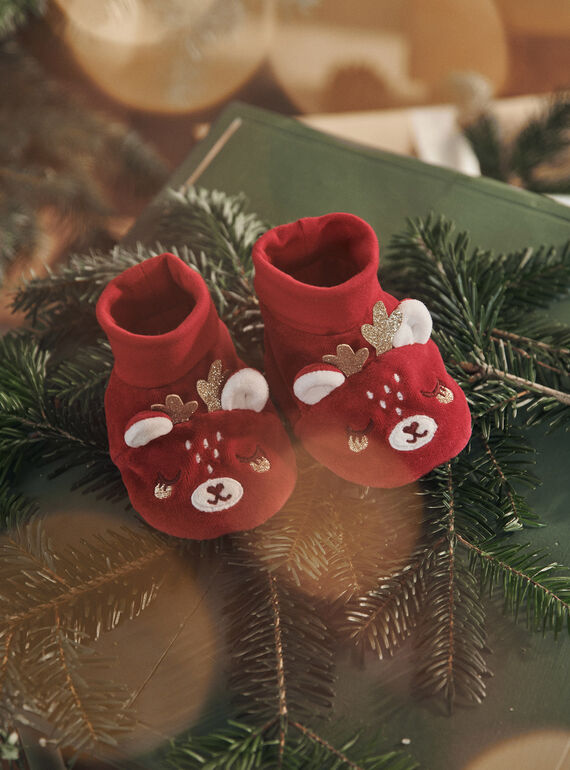 Pantufas vermelho em veludo com animação 3D de renas de Natal 