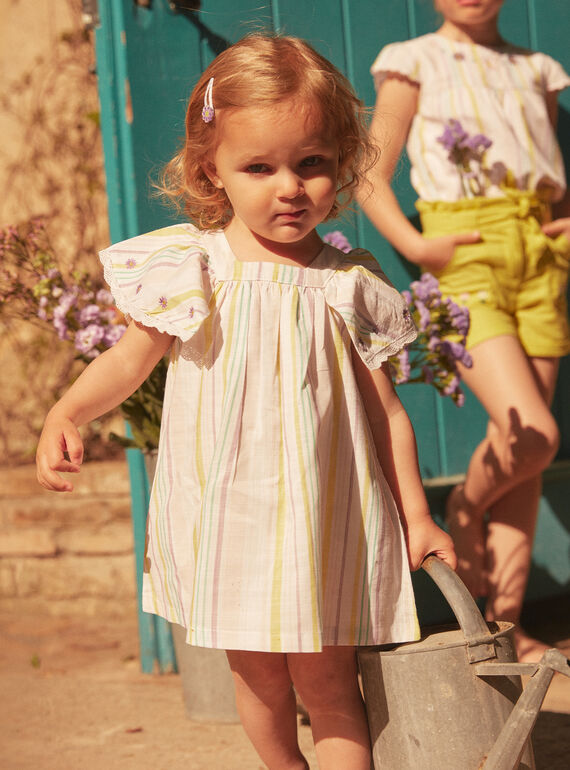 Conjunto vestido e bloomer cru com estampado às riscas em popelina LAALBERTINE / 24H1BFI2ROB001