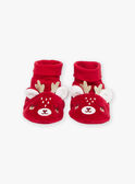 Pantufas vermelho em veludo com animação 3D de renas de Natal 