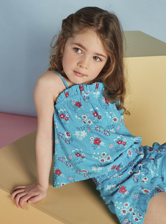 Camisola de alças azul-turquesa com estampado florido e tartarugas menina CAUDEBETTE 2 / 22E2PFT2DEB202