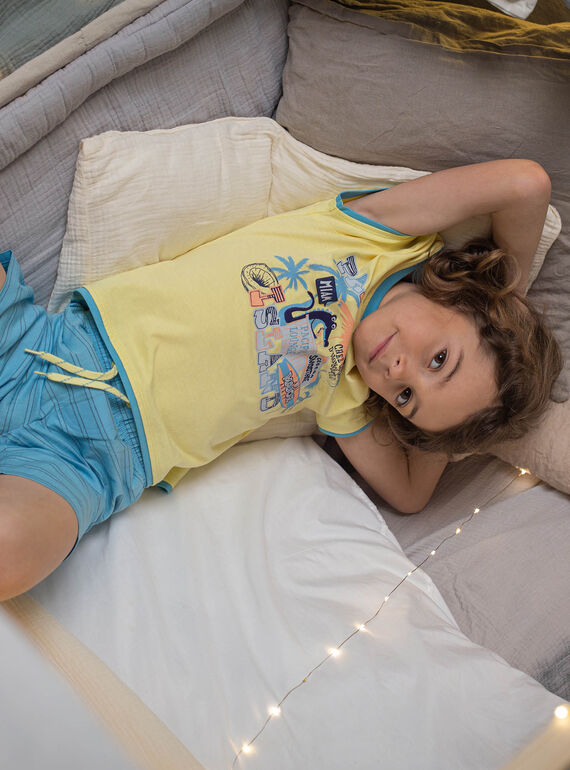 Pijama amarelo-florescente e azul com padrão de crocodilo na praia menino CAPLAGE / 22E5PG51PYJB113